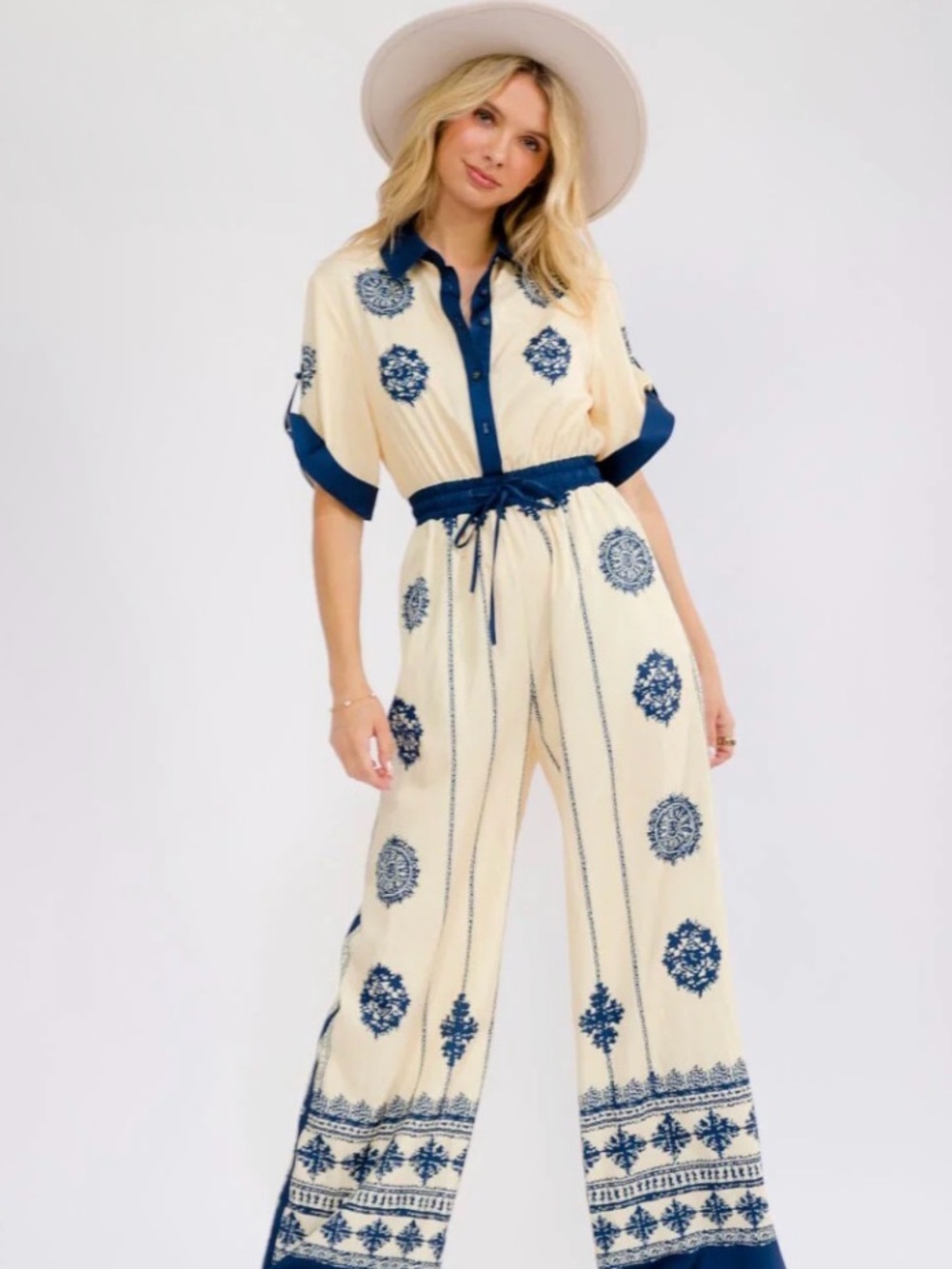 Cream & Navy Embroidered Wide-Leg Jumpsuit